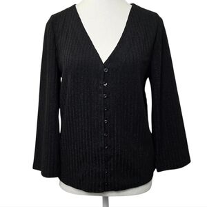 Maeve Anthropologie Black V-Neck 3/4 Sleeve Button-Down Blouse Sz L | Romantic M